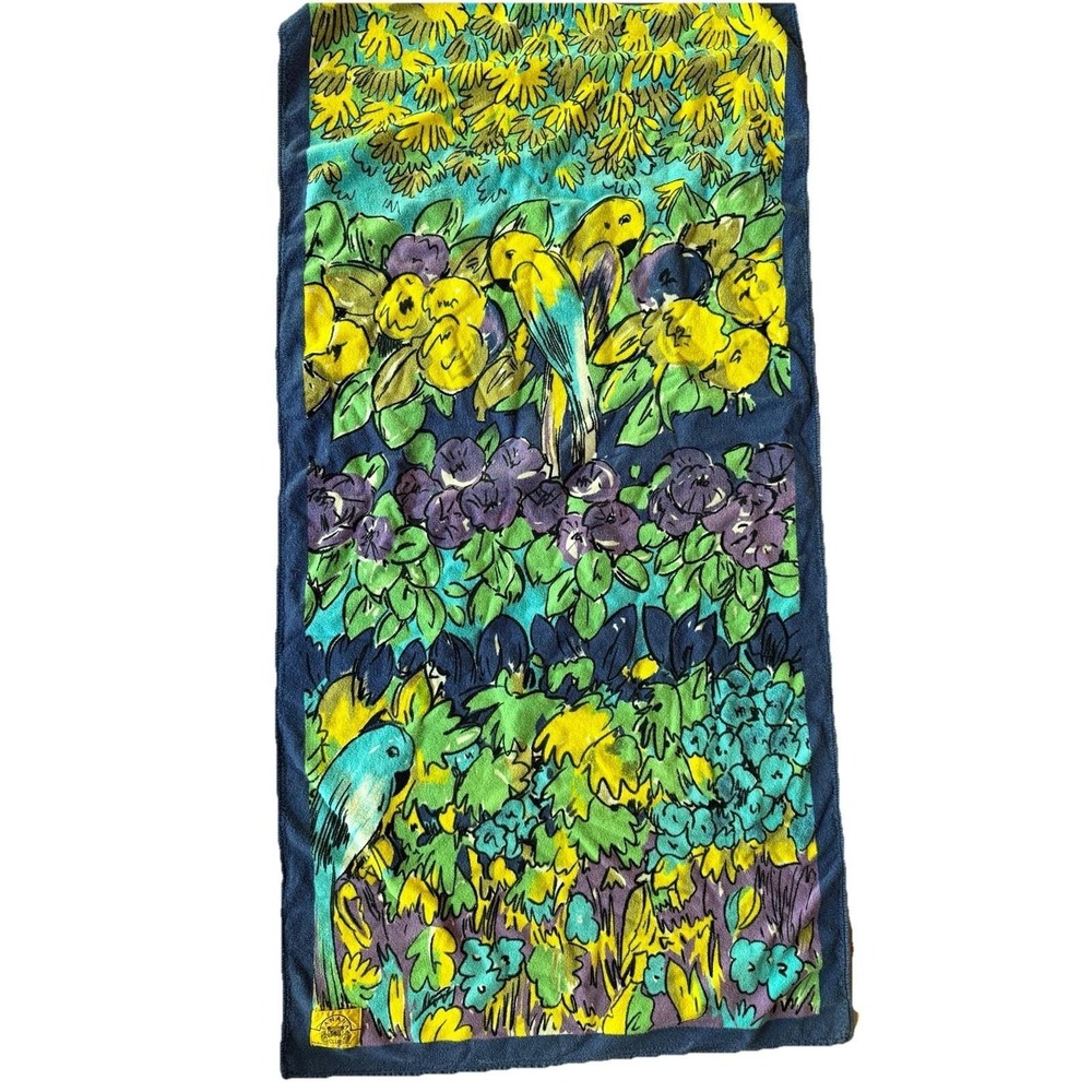 Vtg 80s Banana Club Tropical Beach Towel Parrots Flowers Brazil Velvet Velour